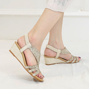 Retro rhinestone wedge gladiator sandals cut-out sandals