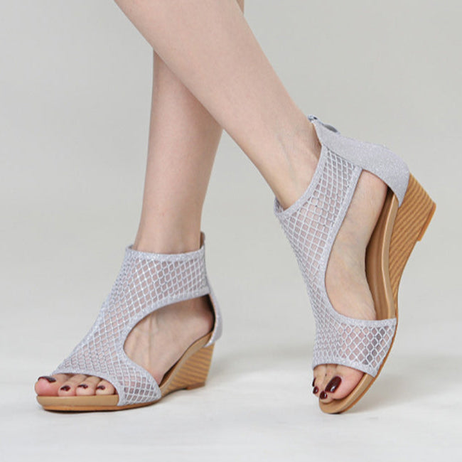 Retro roman style wedge heels sandals with back zipper