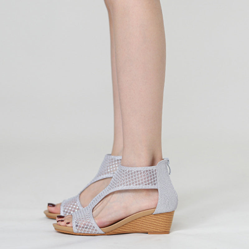 Retro roman style wedge heels sandals with back zipper