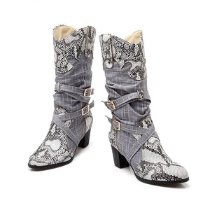 Retro serpentine printed slouch mid calf boots