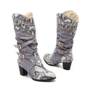 Retro serpentine printed slouch mid calf boots