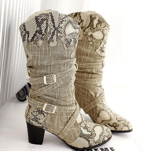 Retro serpentine printed slouch mid calf boots