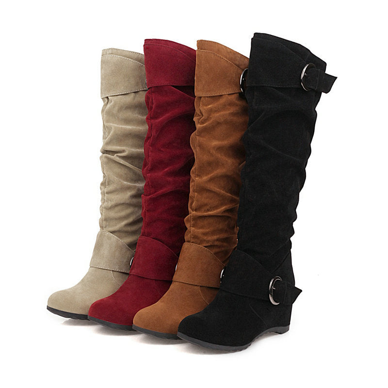 Retro slouchy faux suede wedge heels knee high boots