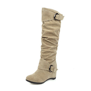 Retro slouchy faux suede wedge heels knee high boots