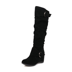 Retro slouchy faux suede wedge heels knee high boots