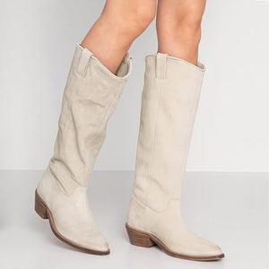 Retro suede fabric stacked heels knee high boots