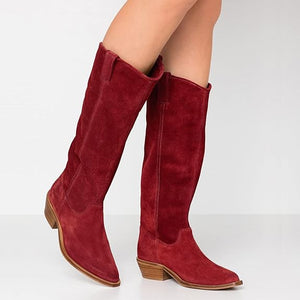 Retro suede fabric stacked heels knee high boots