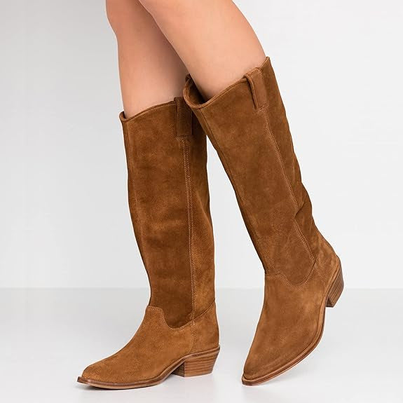 Retro suede fabric stacked heels knee high boots