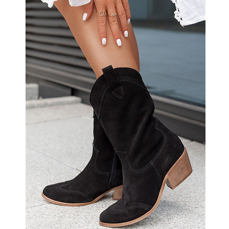 Retro textured style mid calf block heels cowboy boots