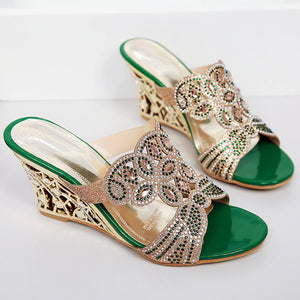 Rhinestone Peacock Patterned Wedge Sandals for party