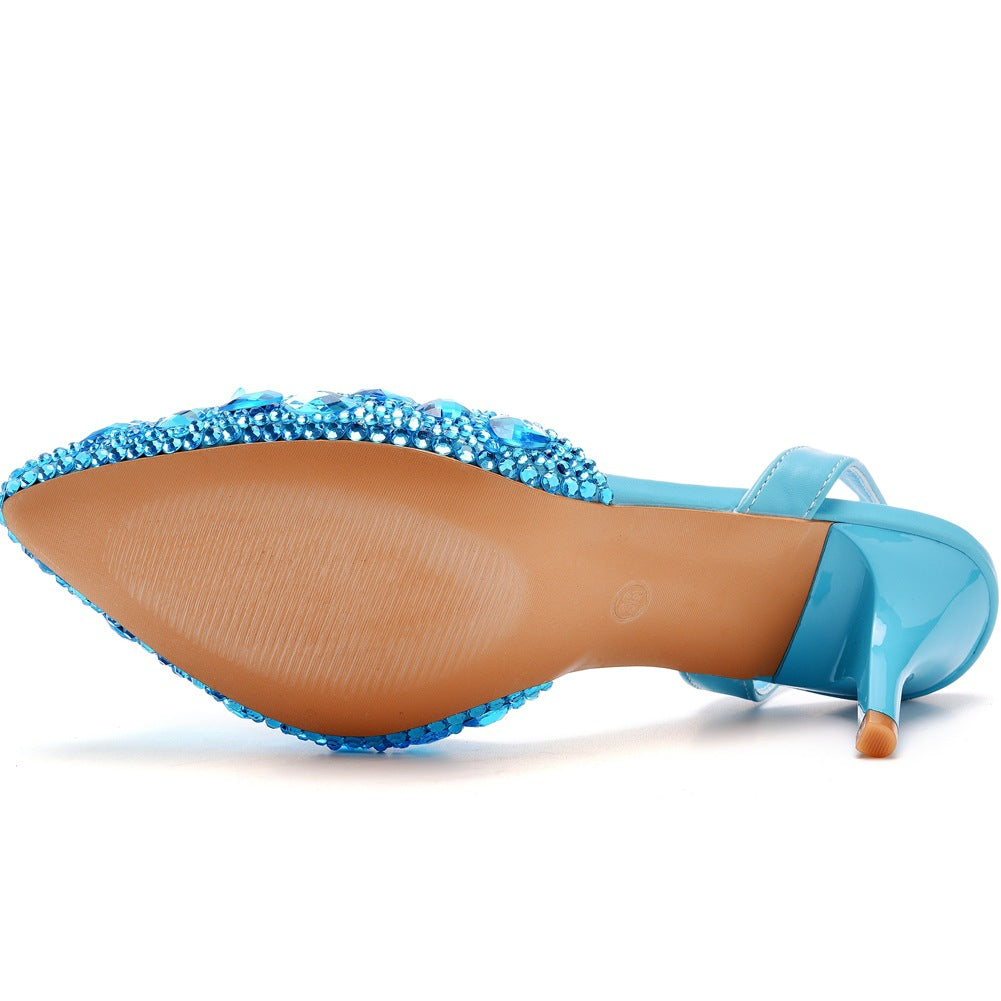 blue Rhinestone crystal embellished pointed toe slingback pumps