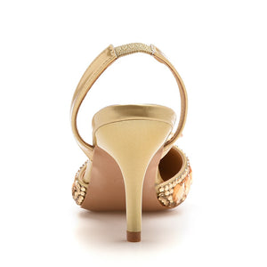 gold  Rhinestone crystal embellished pointed toe slingback pumps