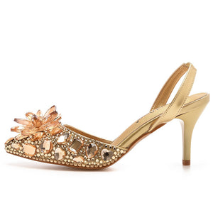 Rhinestone crystal embellished pointed toe slingback pumps