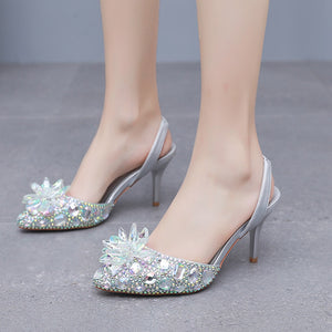 Rhinestone crystal embellished pointed toe slingback pumps