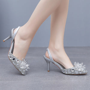 Rhinestone crystal embellished pointed toe slingback pumps