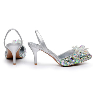 Rhinestone crystal embellished pointed toe slingback pumps