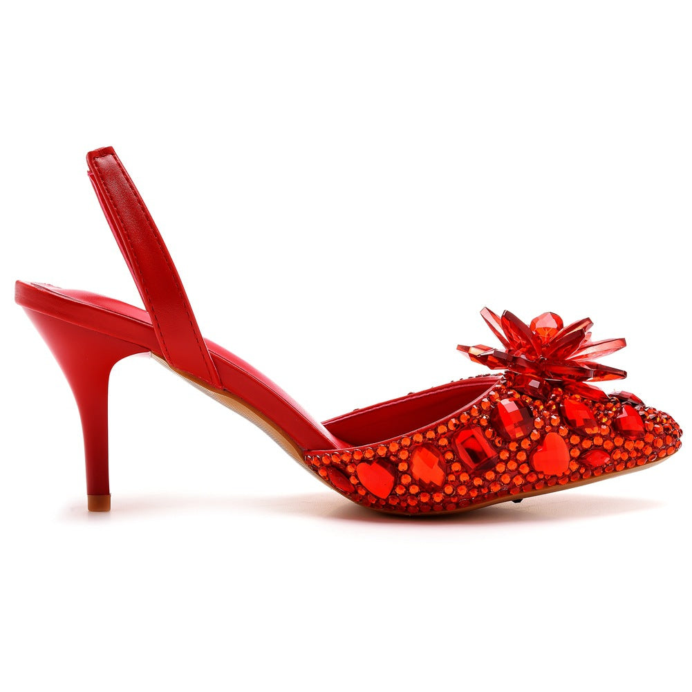 red Rhinestone crystal embellished pointed toe slingback pumps