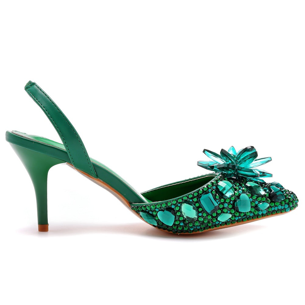 green Rhinestone crystal embellished pointed toe slingback pumps