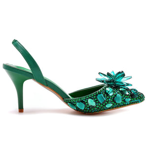 green Rhinestone crystal embellished pointed toe slingback pumps