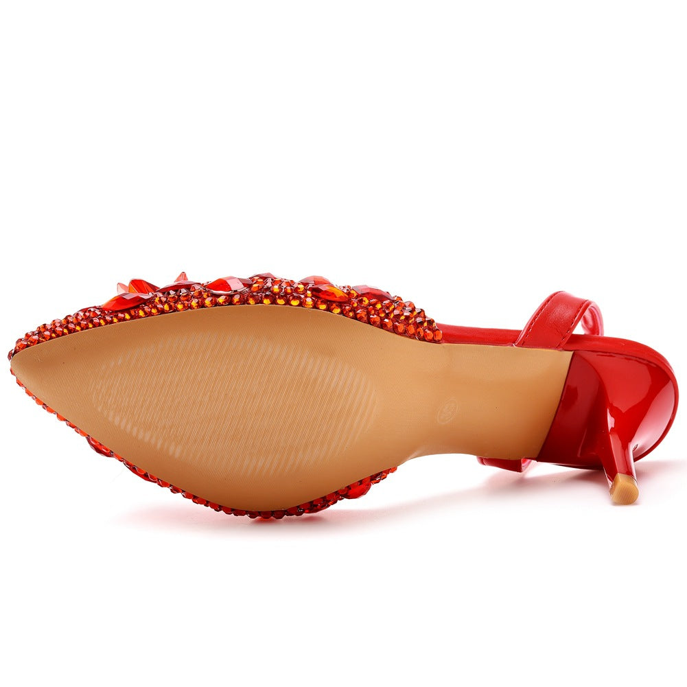 red Rhinestone crystal embellished pointed toe slingback pumps
