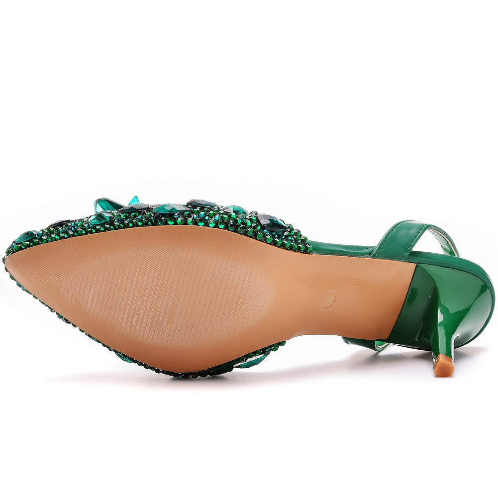 green Rhinestone crystal embellished pointed toe slingback pumps