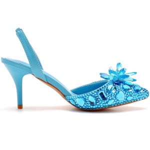 Rhinestone crystal embellished pointed toe slingback pumps