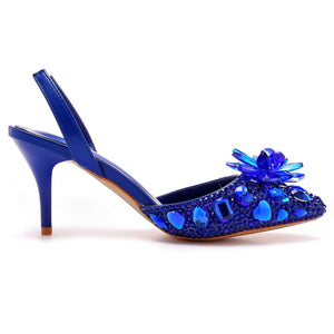 Rhinestone crystal embellished pointed toe slingback pumps