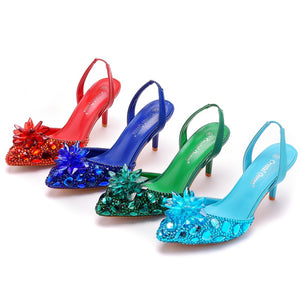 Rhinestone crystal embellished pointed toe slingback pumps