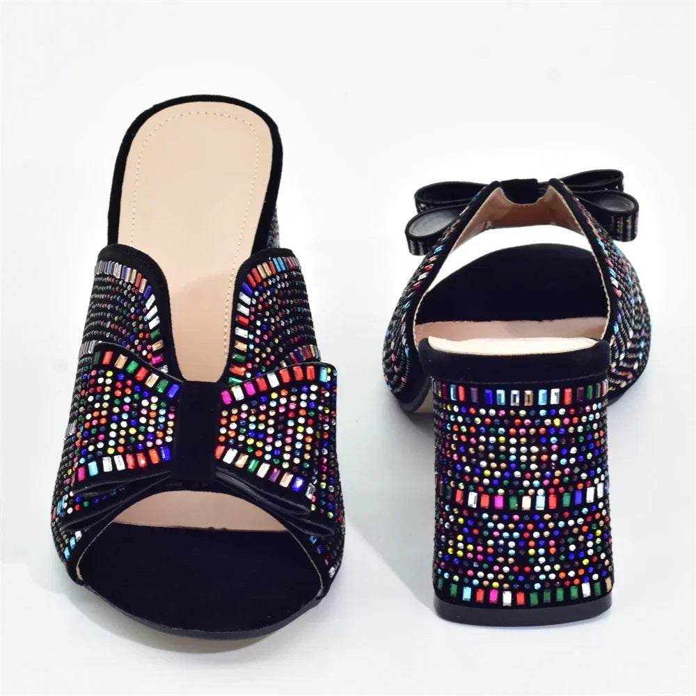 Rhinestone embellished peep toe chunky heels mules