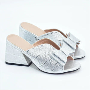 Rhinestone embellished peep toe chunky heels mules
