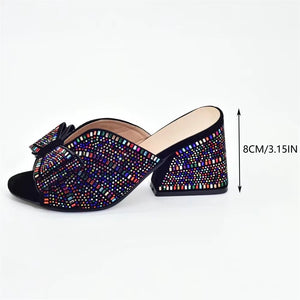 Rhinestone embellished peep toe chunky heels mules