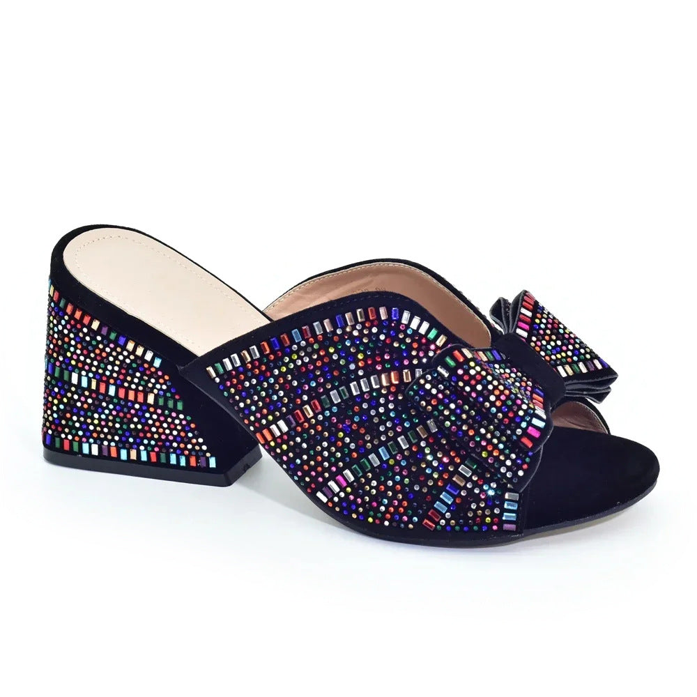 Rhinestone embellished peep toe chunky heels mules