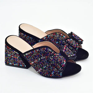 Rhinestone embellished peep toe chunky heels mules