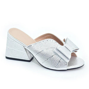 Rhinestone embellished peep toe chunky heels mules