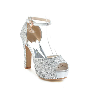 silver Rhinestone glitter peep toe platform chunky heels with ankle strap
