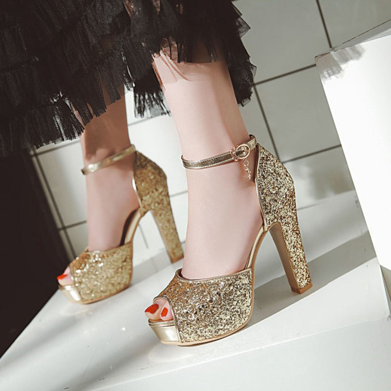 Rhinestone glitter peep toe platform chunky heels with ankle strap