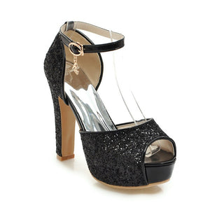 black Rhinestone glitter peep toe platform chunky heels with ankle strap