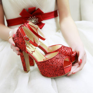 red Rhinestone glitter peep toe platform chunky heels with ankle strap