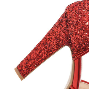 red Rhinestone glitter peep toe platform chunky heels with ankle strap