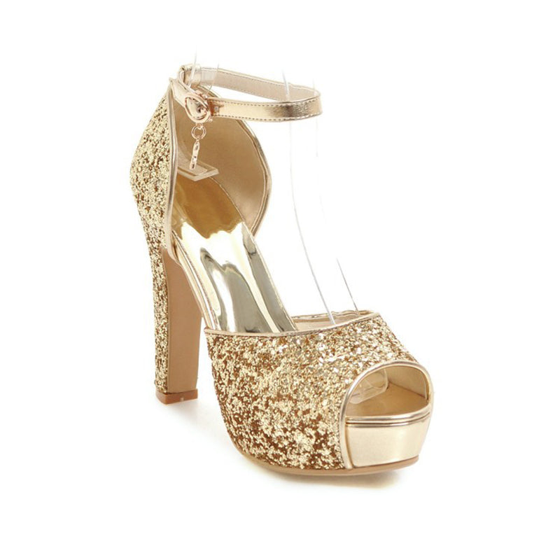 Rhinestone glitter peep toe platform chunky heels with ankle strap