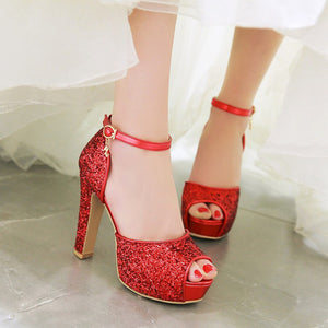 Rhinestone glitter peep toe platform chunky heels with ankle strap