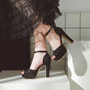 black Rhinestone glitter peep toe platform chunky heels with ankle strap