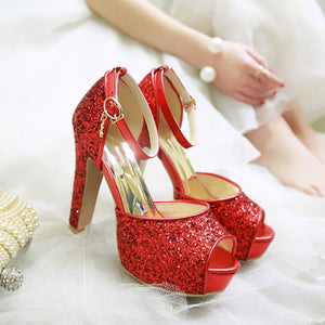 red Rhinestone glitter peep toe platform chunky heels with ankle strap