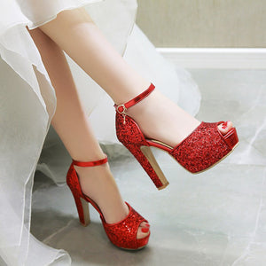 red Rhinestone glitter peep toe platform chunky heels with ankle strap