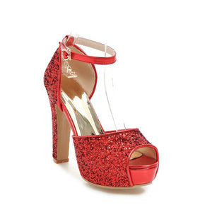 red Rhinestone glitter peep toe platform chunky heels with ankle strap