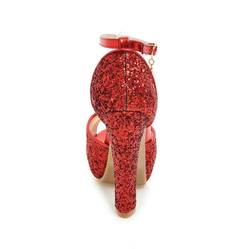 red Rhinestone glitter peep toe platform chunky heels with ankle strap