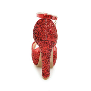 red Rhinestone glitter peep toe platform chunky heels with ankle strap