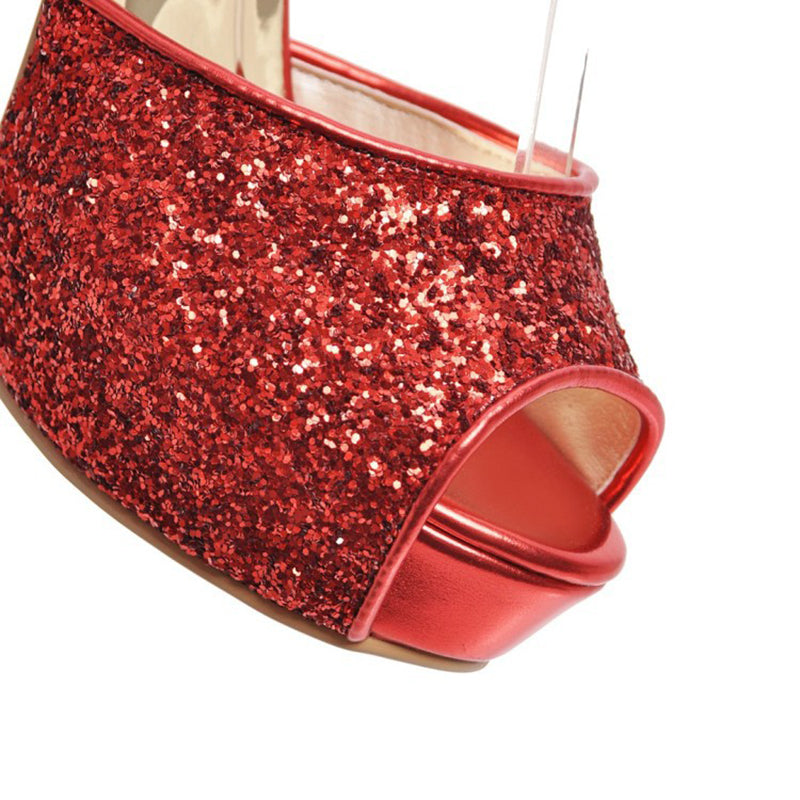 red Rhinestone glitter peep toe platform chunky heels with ankle strap