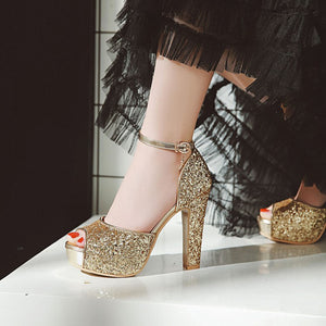 gold Rhinestone glitter peep toe platform chunky heels with ankle strap