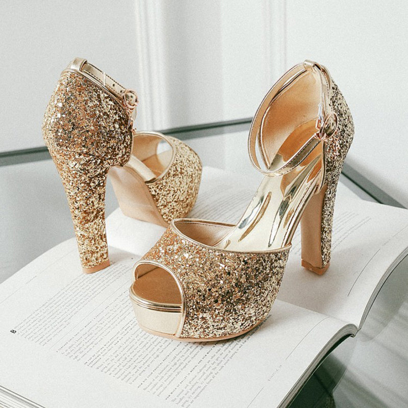 gold Rhinestone glitter peep toe platform chunky heels with ankle strap